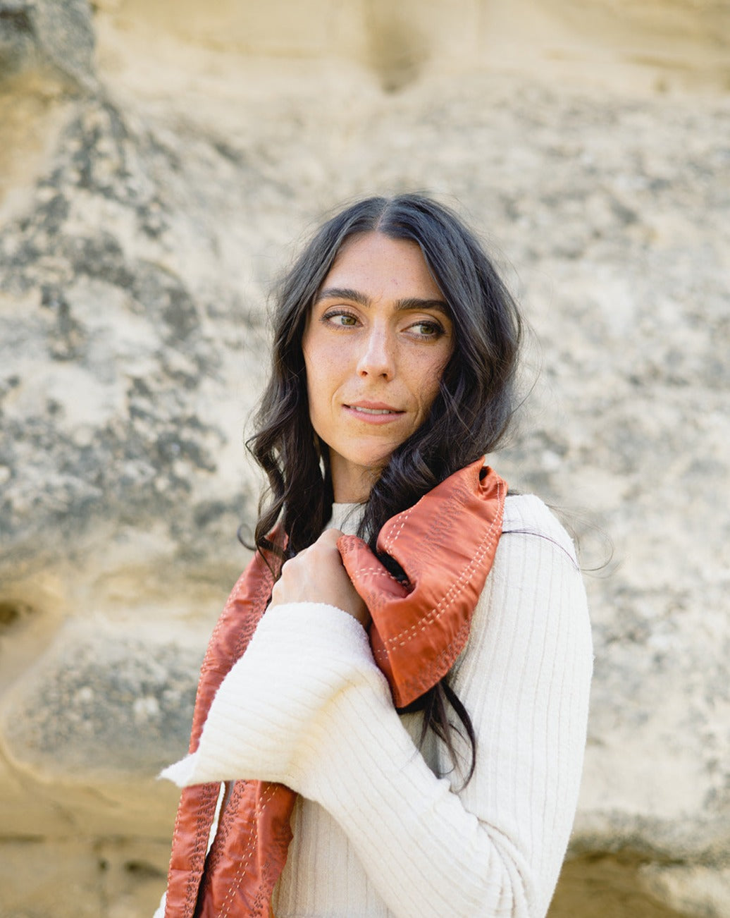 The Skinny Kantha Scarf in the Warm Sunset Palette