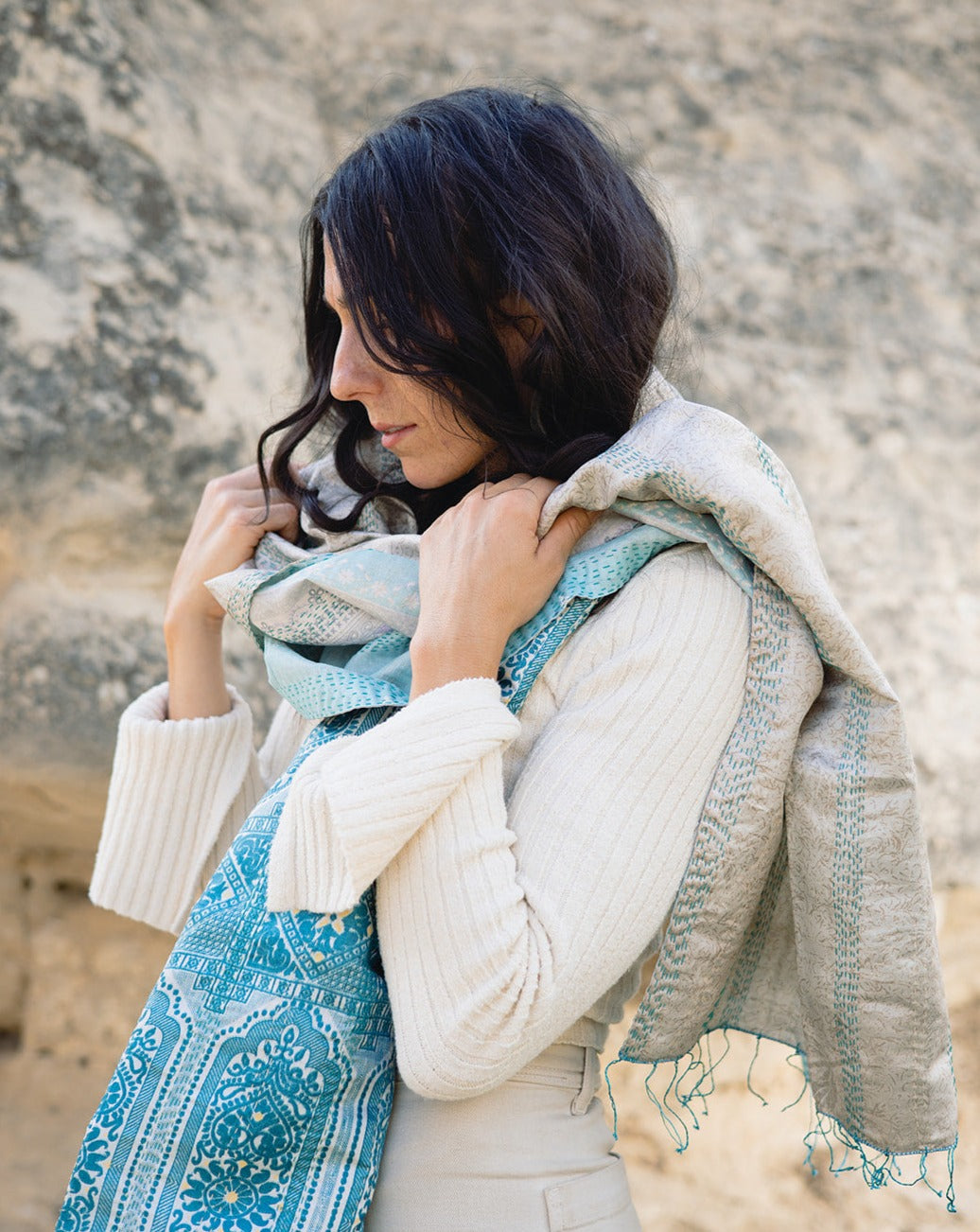 The Classic Kantha Scarf in Ocean Depths Palette