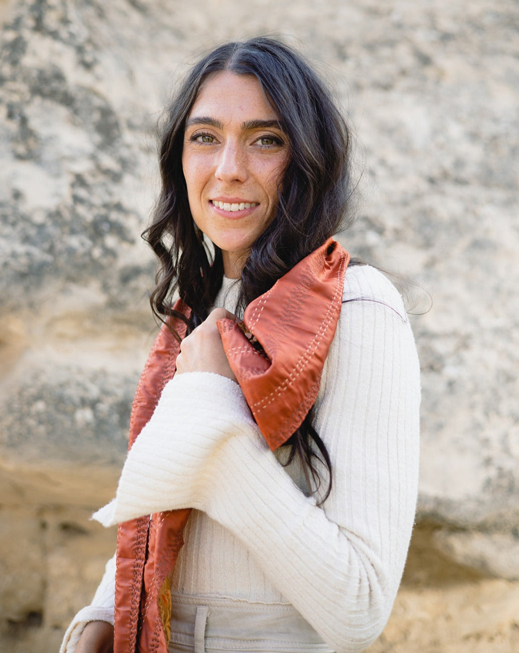 The Skinny Kantha Scarf in the Warm Sunset Palette